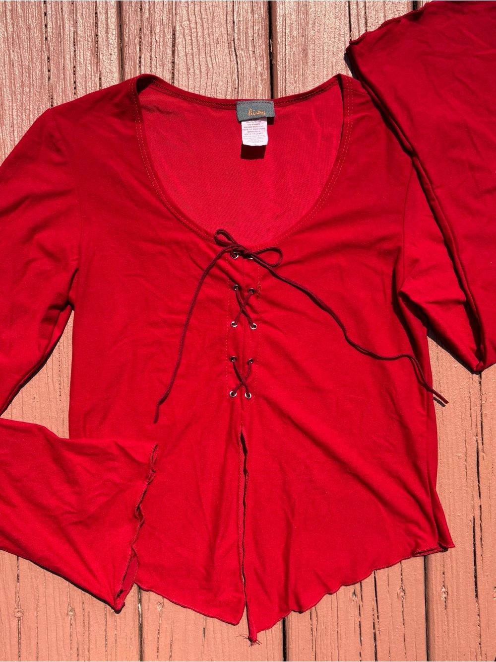 Y2K M Hiatus Women's Red Lace-Up V-Neck Blouse - Casual Long Sleeve
